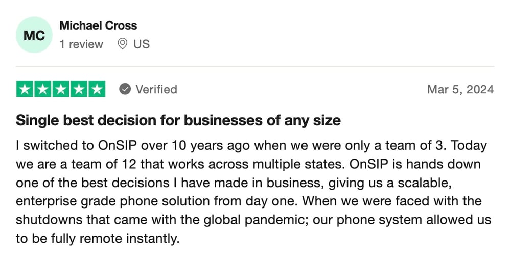 R. Michael Cross Design Group Trustpilot review of OnSIP